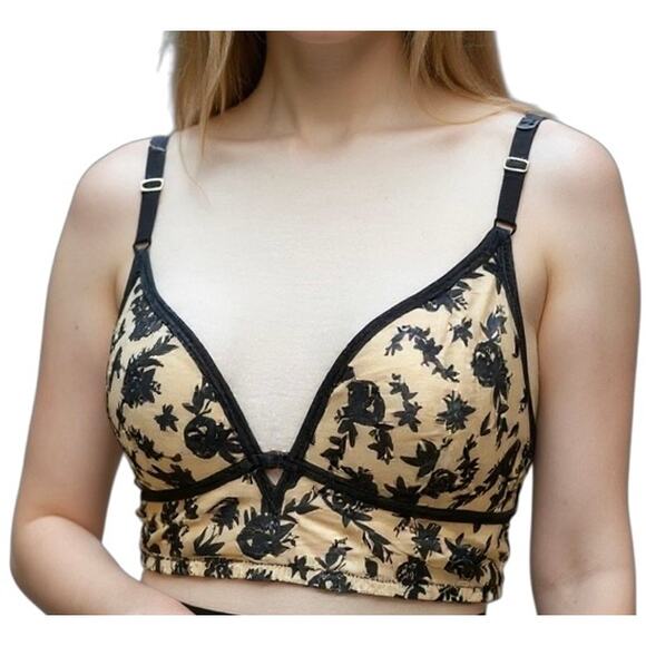 INC International Concepts Bralette S Tan Black Velvet Floral Wirefree Coquette - Picture 1 of 14